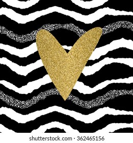 Gold glitter heart on hand drawn striped background. For labels, banners, posters, cards