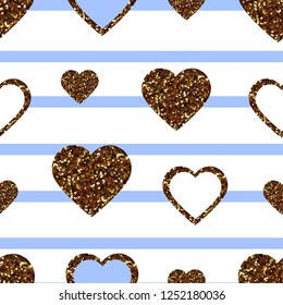 Gold glitter heart seamless pattern. Symbol of love, Valentine day holiday. Design wallpaper, background, fabric texture Vector illustration