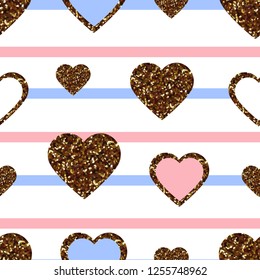 Gold glitter heart seamless pattern. Symbol of love, Valentine day holiday. Design wallpaper, background, fabric texture Vector illustration.