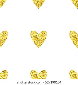Gold glitter heart seamless pattern over white background. Happy Valentines Day golden glamour sparkle background.