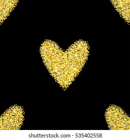 Gold glitter heart seamless pattern over black background. Happy Valentines Day golden glamour sparkle background.