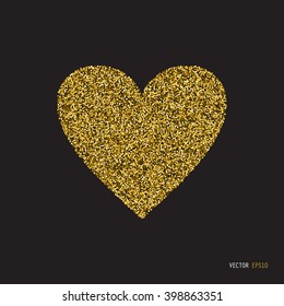 Gold glitter heart  sign sparkles isolated on black background. Gold sparkles and glitter vector illustration. Design for wedding card, valentine, save the date.