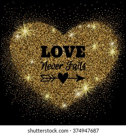 Gold glitter heart with sparkles on white background for your Valentine's day or wedding design. Love concept. Vector illustration