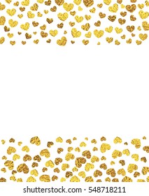 Gold glitter hearts border on white background.