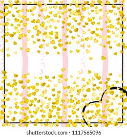Gold glitter hearts confetti  on pink stripes. Falling sequins with glossy sparkles. Template with gold glitter hearts for party invitation, bridal shower and save the date invite.
