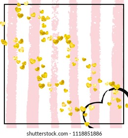 Gold glitter hearts confetti  on pink stripes. Shiny random sequins with metallic sparkles. Design with gold glitter hearts for party invitation, event banner, flyer, birthday card.