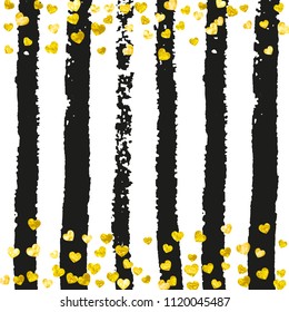 Gold glitter hearts confetti  on black stripes. Falling sequins with shimmer and sparkles. Design with gold glitter hearts for party invitation, event banner, flyer, birthday card.