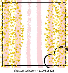 Gold glitter hearts confetti  on pink stripes. Falling sequins with glossy sparkles. Design with gold glitter hearts for greeting card, bridal shower and save the date invite.