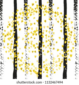 Gold glitter hearts confetti  on black stripes. Shiny random sequins with metallic sparkles. Design with gold glitter hearts for party invitation, banner, greeting card, bridal shower.