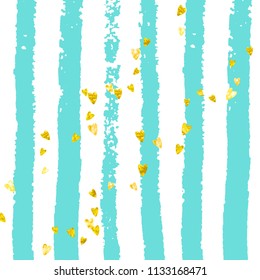 Gold glitter hearts confetti  on turquoise stripes. Falling sequins with metallic shimmer. Design with gold glitter hearts for party invitation, bridal shower and save the date invite.