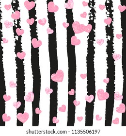 Gold glitter hearts confetti  on black stripes. Falling sequins with shimmer and sparkles. Design with gold glitter hearts for greeting card, bridal shower and save the date invite.