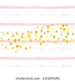 Gold glitter hearts confetti  on pink stripes. Sequins with metallic shimmer and sparkles. Design with gold glitter hearts for party invitation, banner, greeting card, bridal shower.