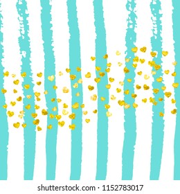 Gold glitter hearts confetti  on turquoise stripes. Shiny falling sequins with shimmer and sparkles. Template with gold glitter hearts for party invitation, banner, greeting card, bridal shower.