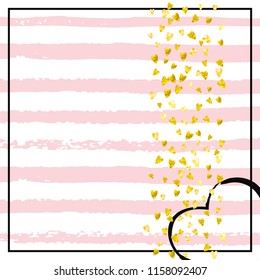 Gold glitter hearts confetti  on pink stripes. Shiny falling sequins with shimmer and sparkles. Template with gold glitter hearts for party invitation, banner, greeting card, bridal shower.