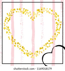 Gold glitter hearts confetti  on pink stripes. Random falling sequins with metallic shimmer. Template with gold glitter hearts for party invitation, bridal shower and save the date invite.