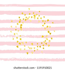 Gold glitter hearts confetti  on pink stripes. Shiny falling sequins with shimmer and sparkles. Template with gold glitter hearts for party invitation, event banner, flyer, birthday card.