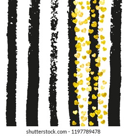 Gold glitter hearts confetti  on black stripes. Falling sequins with glossy sparkles. Design with gold glitter hearts for greeting card, bridal shower and save the date invite.