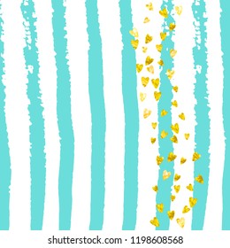 Gold glitter hearts confetti  on turquoise stripes. Falling sequins with glossy sparkles. Template with gold glitter hearts for greeting card, bridal shower and save the date invite.