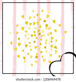 Gold glitter hearts confetti  on pink stripes. Falling sequins with shimmer and sparkles. Template with gold glitter hearts for party invitation, event banner, flyer, birthday card.
