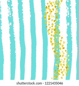 Gold glitter hearts confetti  on turquoise stripes. Random falling sequins with glossy sparkles. Design with gold glitter hearts for party invitation, event banner, flyer, birthday card.