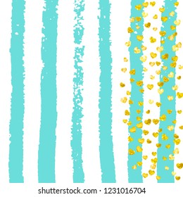 Gold glitter hearts confetti  on turquoise stripes. Falling sequins with shimmer and sparkles. Template with gold glitter hearts for greeting card, bridal shower and save the date invite.