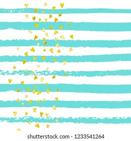 Gold glitter hearts confetti  on turquoise stripes. Shiny random sequins with metallic sparkles. Template with gold glitter hearts for party invitation, event banner, flyer, birthday card.