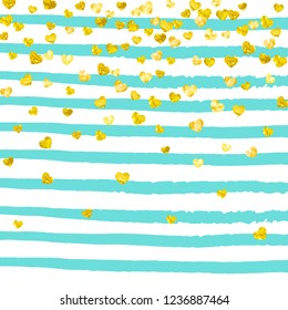 Gold glitter hearts confetti  on turquoise stripes. Falling sequins with metallic shimmer. Design with gold glitter hearts for party invitation, bridal shower and save the date invite.