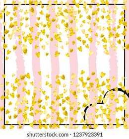 Gold glitter hearts confetti  on pink stripes. Falling sequins with glossy sparkles. Template with gold glitter hearts for party invitation, event banner, flyer, birthday card.