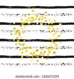 Gold glitter hearts confetti  on black stripes. Shiny random falling sequins with shimmer. Design with gold glitter hearts for greeting card, bridal shower and save the date invite.