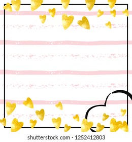 Gold glitter hearts confetti  on pink stripes. Shiny falling sequins with shimmer and sparkles. Design with gold glitter hearts for party invitation, event banner, flyer, birthday card.