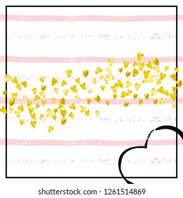 Gold glitter hearts confetti  on pink stripes. Random falling sequins with metallic shimmer. Template with gold glitter hearts for party invitation, event banner, flyer, birthday card.