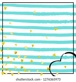 Gold glitter hearts confetti  on turquoise stripes. Random falling sequins with metallic shimmer. Template with gold glitter hearts for party invitation, banner, greeting card, bridal shower.