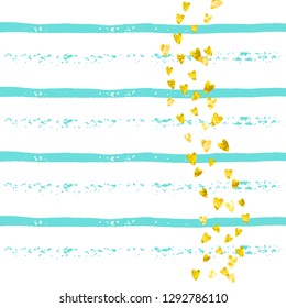 Gold glitter hearts confetti  on turquoise stripes. Shiny random falling sequins with shimmer. Template with gold glitter hearts for party invitation, event banner, flyer, birthday card.