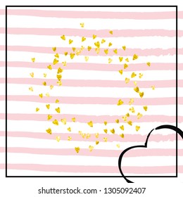 Gold glitter hearts confetti  on pink stripes. Shiny random sequins with metallic sparkles. Template with gold glitter hearts for party invitation, bridal shower and save the date invite.