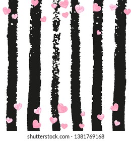 Gold glitter hearts confetti  on black stripes. Falling sequins with glossy sparkles. Design with gold glitter hearts for party invitation, event banner, flyer, birthday card.