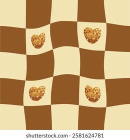 Gold glitter hearts cool background set lines waves psychedelic grid swirl print 1970s hippie aesthetic mocha mousse swirl background