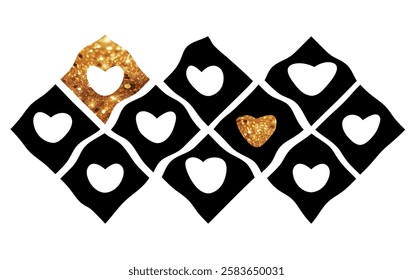 Gold glitter hearts in diamond, Valentine's day February 14th, cool background pack, lines waves psychedelic grid swirl print hippie aesthetic 1970s. Heart pattern collection.