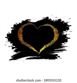 Gold glitter hearts on black blots, transparent background. Banner for valentines day, wedding, love greeting card.