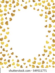 Gold glitter hearts oval frame on white background.