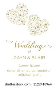 gold glitter hearts with shiny stars, wedding invitation card template