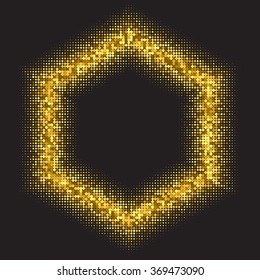 Gold glitter hexagon frame on black background. Golden glittering frame with halftone effect. Sparkling background for design.