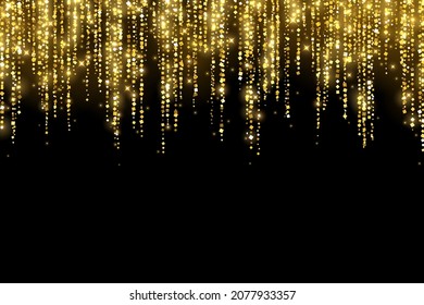 Gold glitter holiday decoration garland on black background. Vector