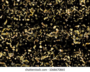 Gold glitter holiday realistic confetti flying on black vector background. Premium tinsel sparkle elements flying, gradient foil texture serpentine streamers confetti falling festive background.