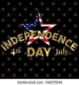 Gold glitter Independence day USA greeting card, flyer. July fourth poster. Patriotic banner for website template. Usable for 4th of July greeting card, banner, background, logo. Vector illustration.