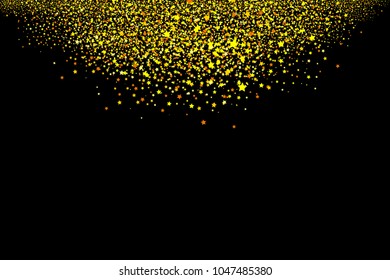 Gold glitter isolated on black background. Abstract grainy particles, shiny rain of stars. Golden confetti explosion, festive overlay texture. Vector illustration