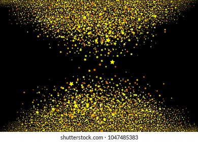 Gold glitter isolated on black background. Abstract grainy particles, shiny rain of stars. Golden confetti explosion, festive overlay texture. Vector illustration