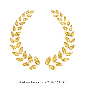 Gold glitter laurel wreath. Golden palm branch, reward for the winner. Award ceremony for first place in sports, art or cinema. Prize for achievements and success. Luxury premium emblem, logo.