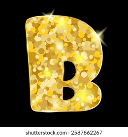 Gold glitter letter B. letter B isolated on black background. Vector illustration.