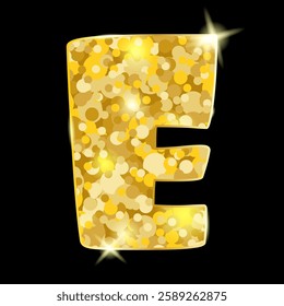 Gold glitter letter E. letter E isolated on black background. Vector illustration.