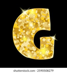 Gold glitter letter G. letter G isolated on black background. Vector illustration.